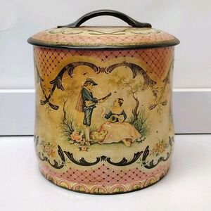 VTG Courting Couples Biscuit‎ Tin Pink Gold Irish Collectible Bulbous Jar Beauty